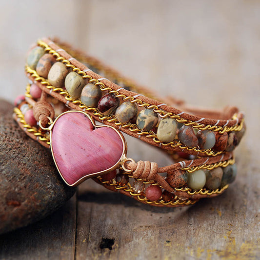 Hand-Woven Triple-Layer Leather with Natural Stone Crystal Bracelet