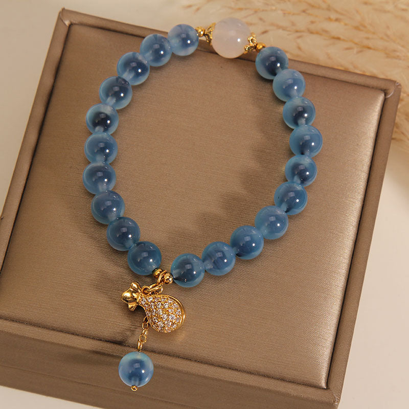 Natural Blue Agate Stone Crystal Money Bag Charm Bracelet