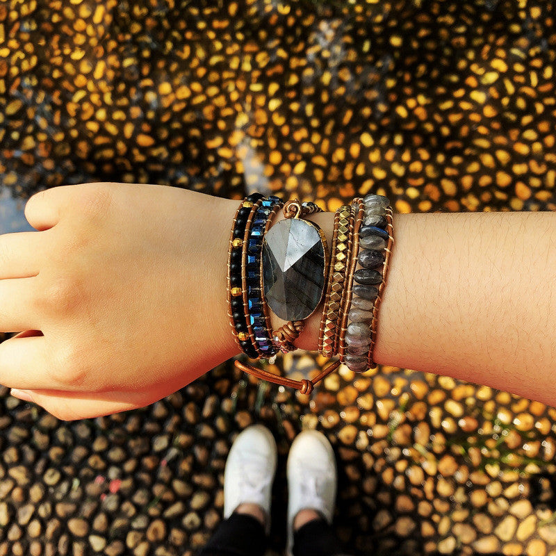 Multilayer Leather Crystal Woven Beaded Bracelet