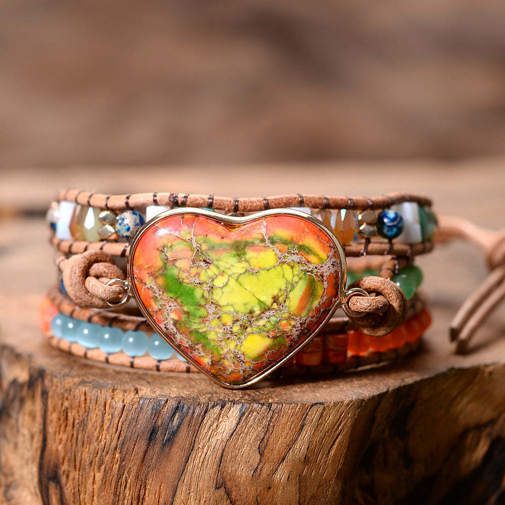 Natural Stones Woven Leather Wrap Boho Heart Bracelet for Women Charms Gifts for Mom