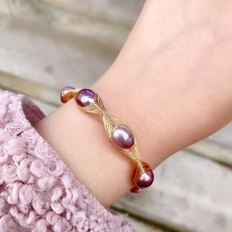 Natural Freshwater Baroque Pearl Copper Bangle for Women Charms Gifts for Mom