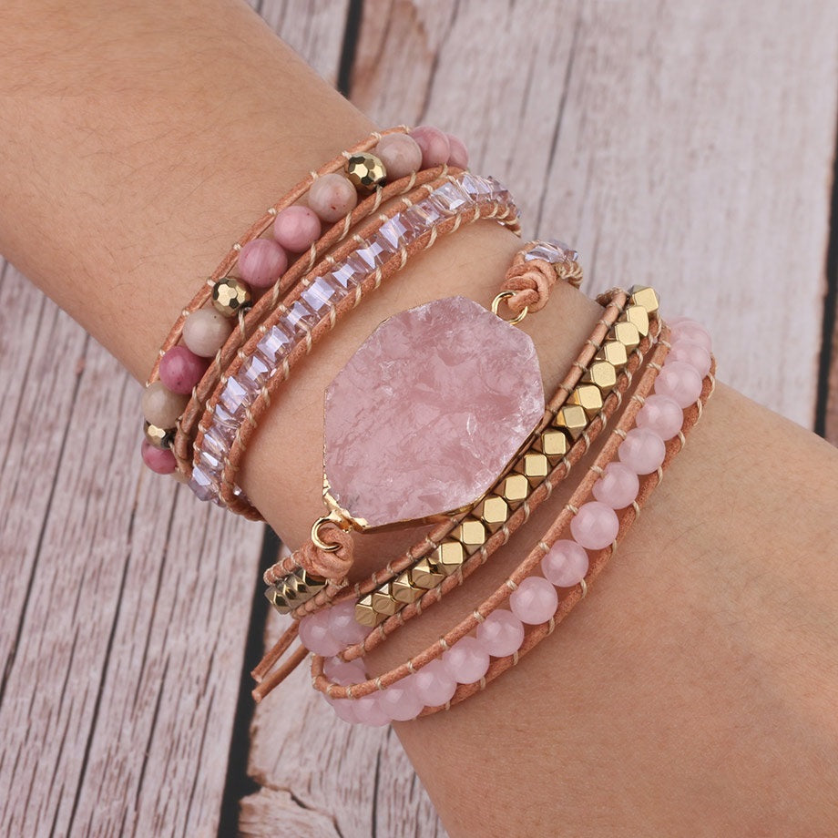 Pink Quartz Healing Crystal Bracelet for Women Charms Gifts for Mom