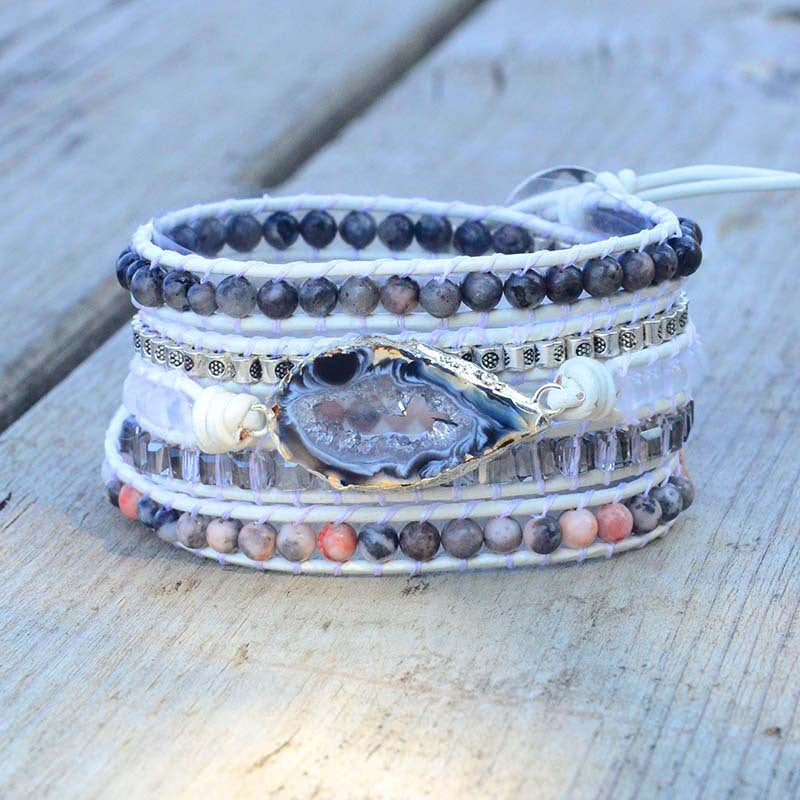 Natural Agate Stone Crystal with White Leather Cord Hand-Woven Bracelet