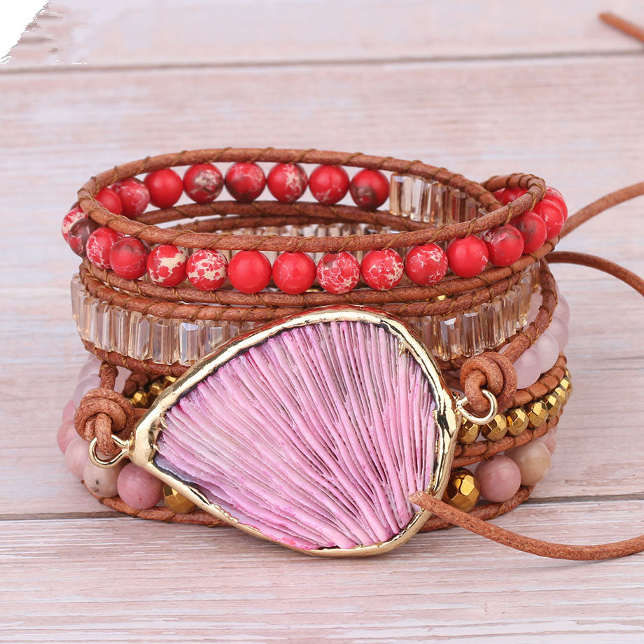 Bohemian Pink Coral Leather Beaded Bracelet