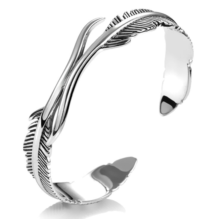 Minimalist Thai Silver Double Feather Bangle Bracelet