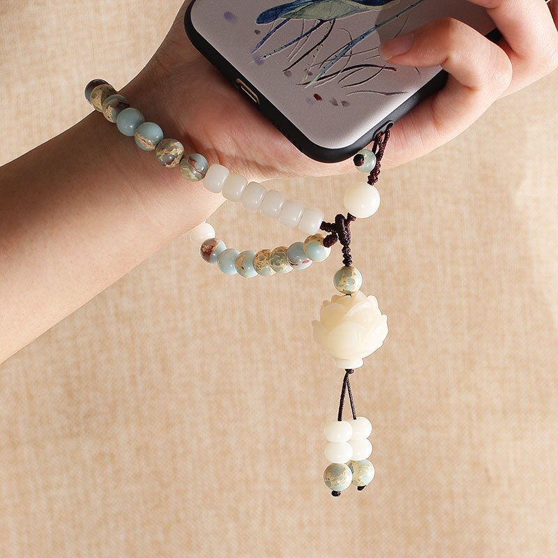 Shoushan Gemstone Beaded Bracelet with Mobile Phoone Strap for Women Charms Gifts for Mom