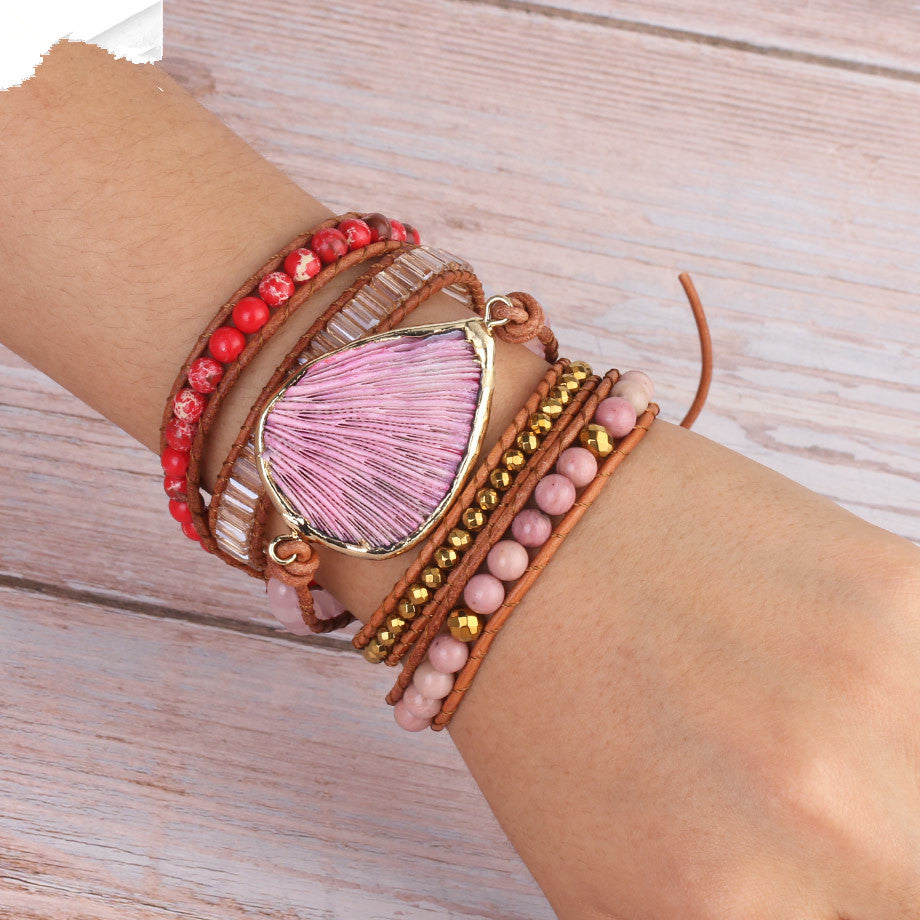 Bohemian Pink Coral Leather Beaded Bracelet