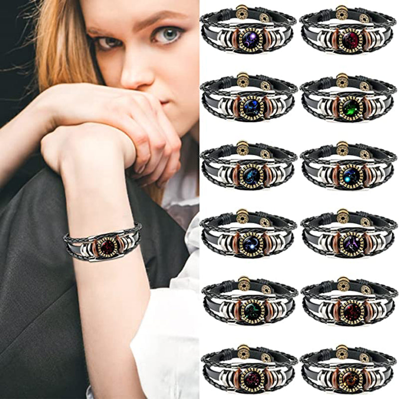 Zodiac Sign Bracelets For Women Men 12 Constellation Beaded Hand Woven PU Leather Bracelets