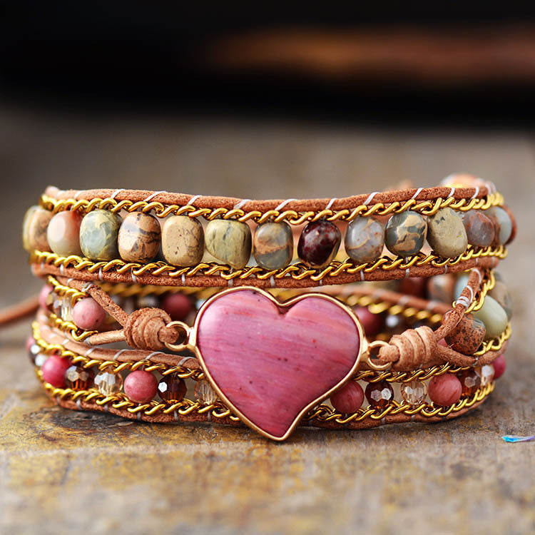 Hand-Woven Triple-Layer Leather with Natural Stone Crystal Bracelet