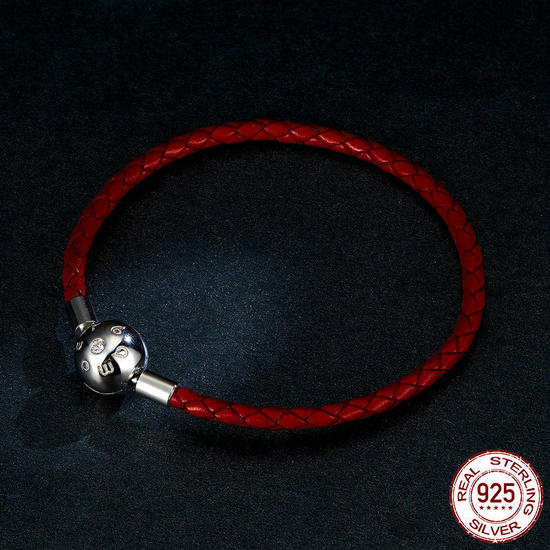 Women's Sterling Silver Zircon Red Rope Leather Bracelet