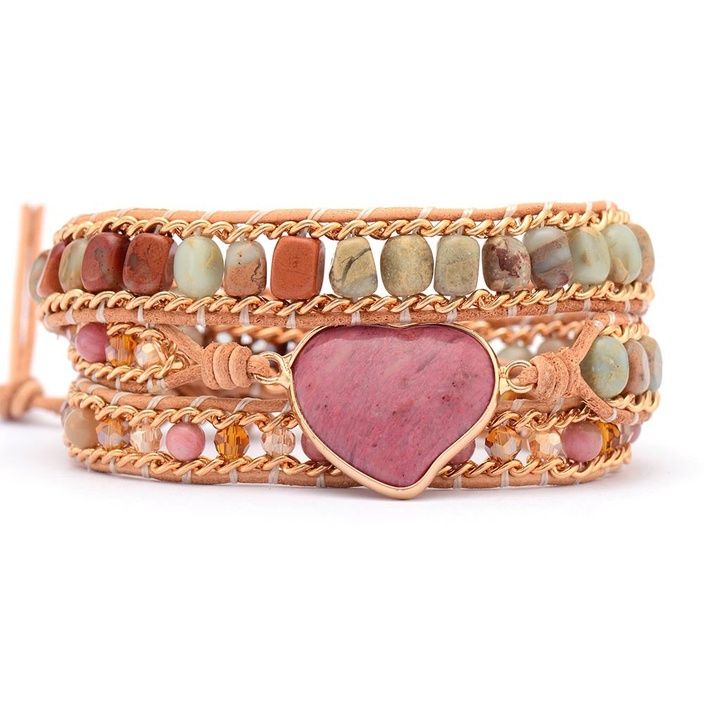 Hand-Woven Triple-Layer Leather with Natural Stone Crystal Bracelet