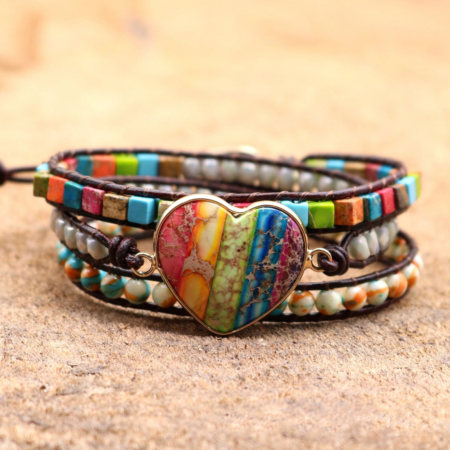 Natural Stones Woven Leather Wrap Boho Heart Bracelet for Women Charms Gifts for Mom