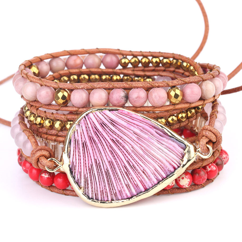 Bohemian Pink Coral Leather Beaded Bracelet