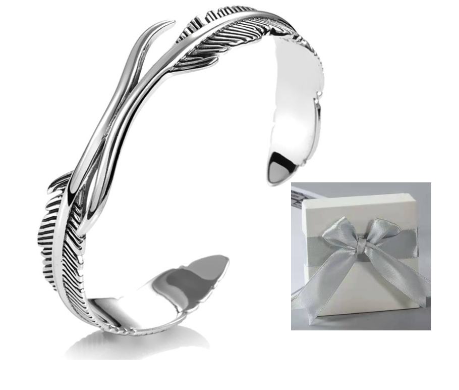 Minimalist Thai Silver Double Feather Bangle Bracelet