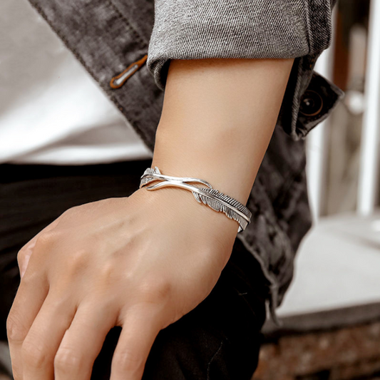 Minimalist Thai Silver Double Feather Bangle Bracelet