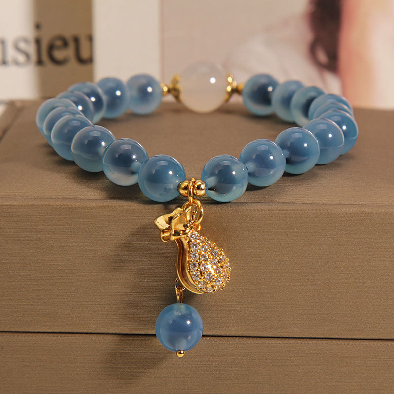 Natural Blue Agate Stone Crystal Money Bag Charm Bracelet