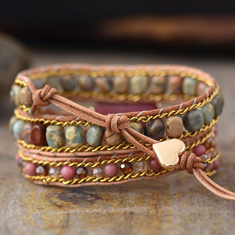 Hand-Woven Triple-Layer Leather with Natural Stone Crystal Bracelet